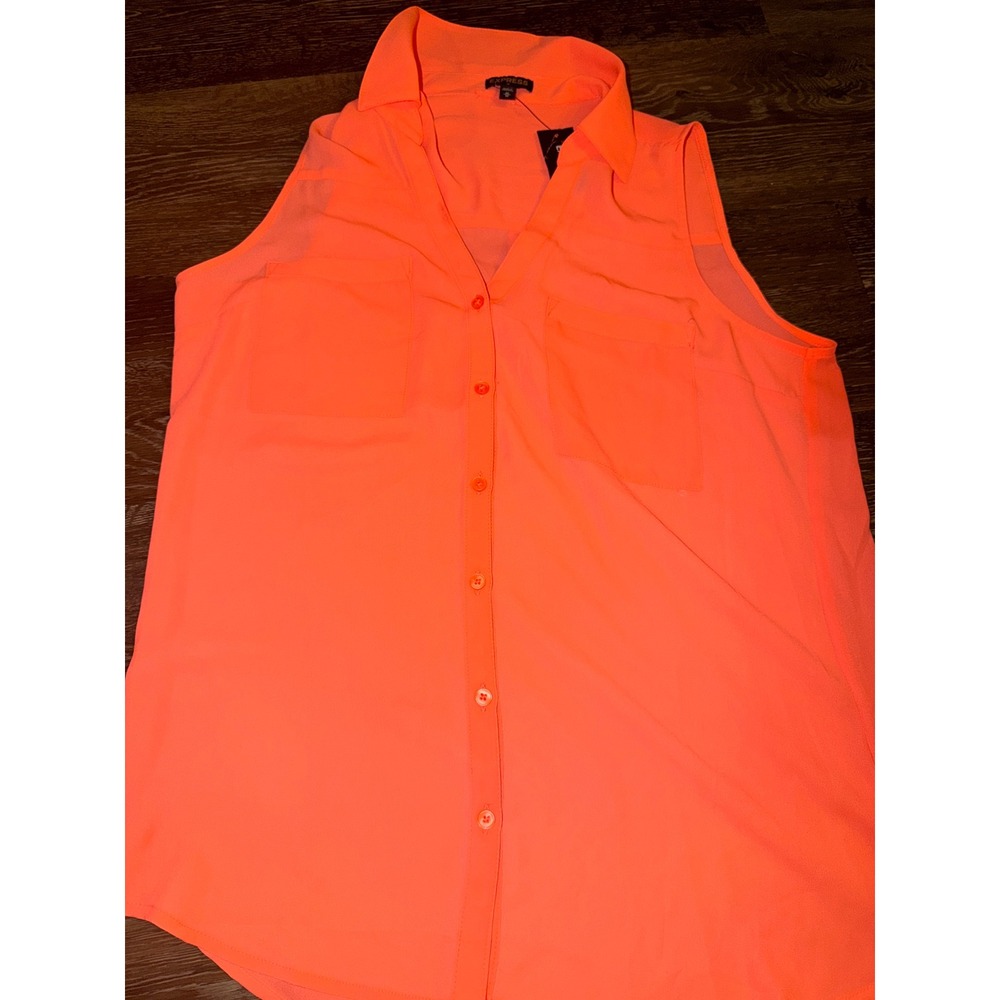 Express Womens Neon Orange‎ Sleeveless Button Down Chiffon Blouse Medium NWT
